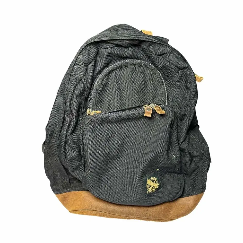 Vintage 90s Eddie Bauer Black Canvas Backpack with Suede Leather Bottom